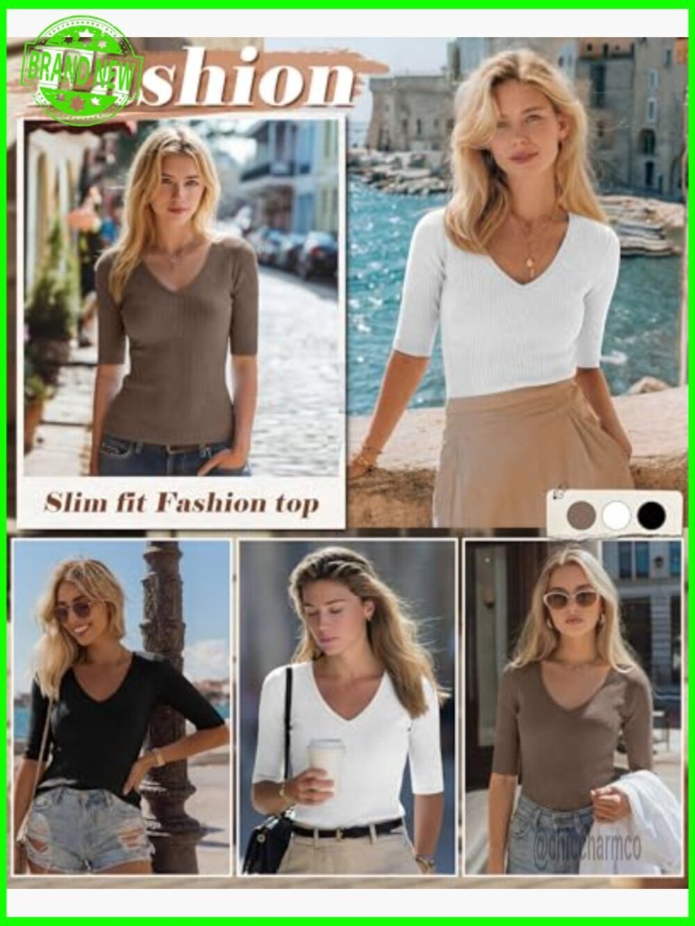 3 Pack Women's Ribbed Cotton T-Shirt Slim Fit V-Neck Half Sleeve Tee - Picture 3 of 7